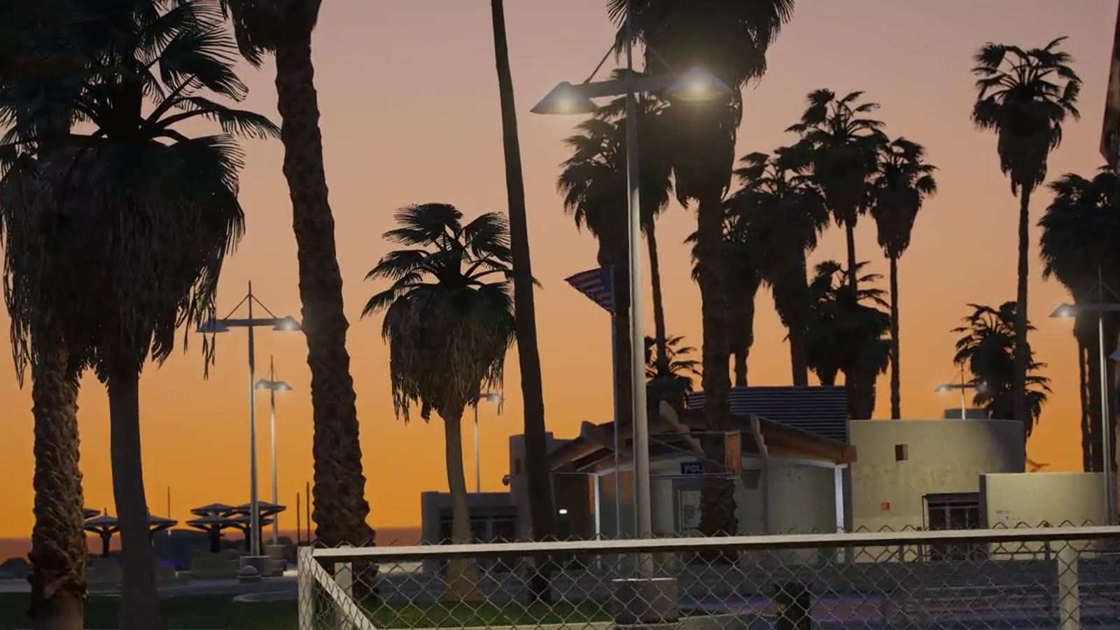Palmen vor orangem Abendhimmel an der Strandpromenade von Los Santos — deutsche GTA-Roleplay-Community
